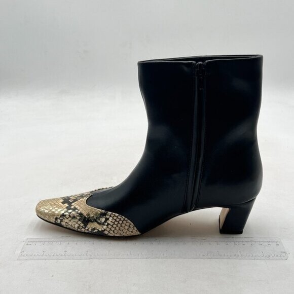 Black Cap Toe Ankle Booties Square Toe Kitten Heel Snakeskin Patchwork Back Zip - Picture 1 of 7